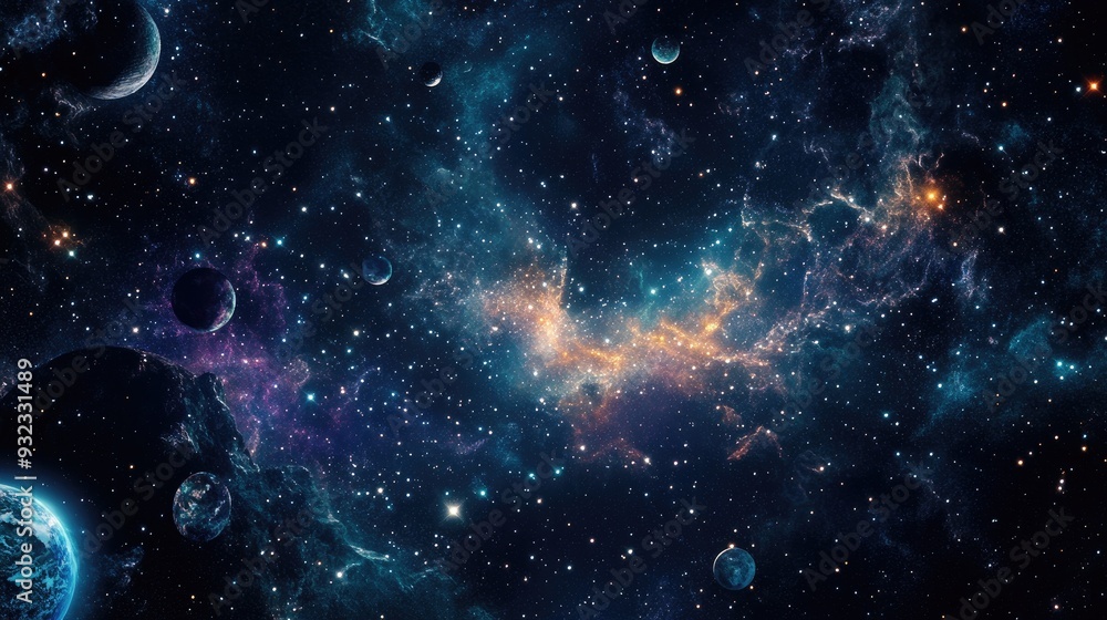 Poster 2d illustration featuring a realistic star pattern in deep space showcasing stars planets and moons 