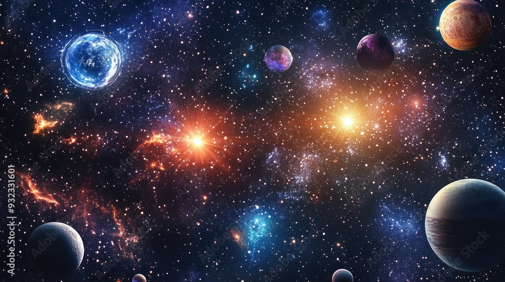 Poster 2d illustration featuring a realistic star pattern set in deep space includes various celestial elem