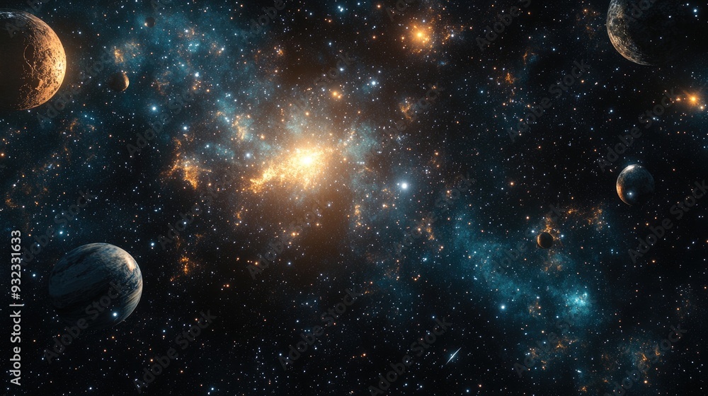 Poster 2d illustration featuring a realistic starry background in an empty interstellar space bright stars 