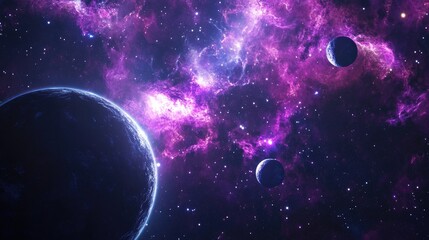 Naklejka premium 2D illustration featuring a realistic starry background in deep space Vivid stars planets and moons create diverse science fiction inspired scenes Imaginative cosmic artwork