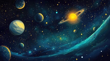 2D illustration in cartoon style depicting an expansive space scene filled with stars planets and moons Various imaginative science fiction backgrounds and alien solar systems