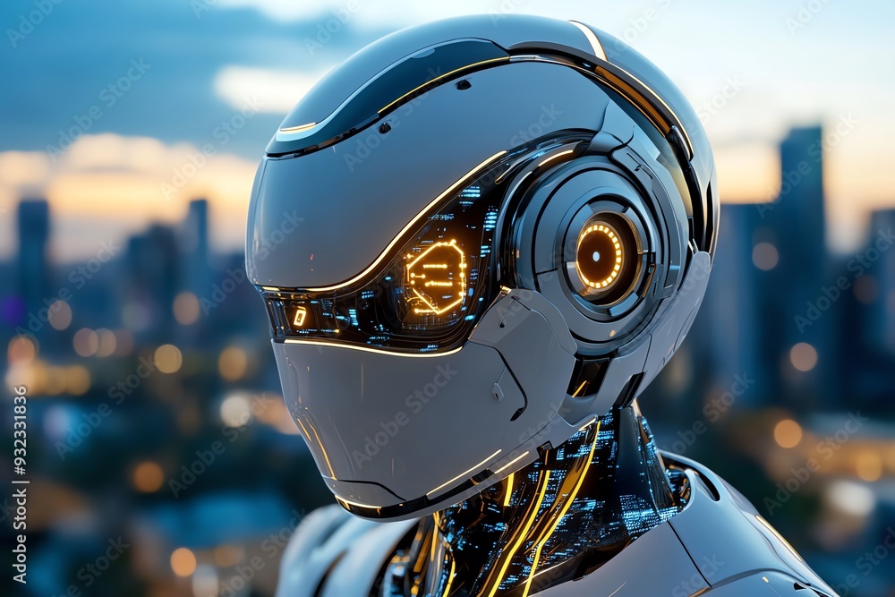 Poster futuristic robot head with glowing features, showcasing remarkable technology against a cityscape ba