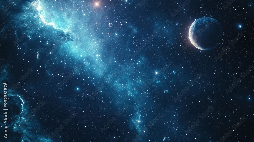 Poster 2d illustration of a realistic starry background in empty interstellar space featuring bright stars 