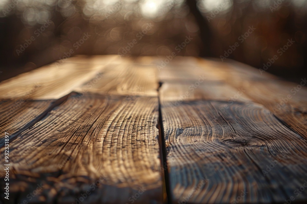 Poster close-up view of a wooden table with a blurred background, ideal for use in interior design or produ