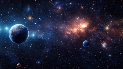 2D illustration of a realistic star pattern background featuring bright stars planets and moons Various imaginative science fiction backdrops showcasing deep interstellar space