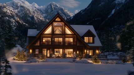 Fototapeta premium A warm cabin glows softly in a snowy mountain landscape, surrounded by tranquil trees, creating a peaceful winter ambiance at night