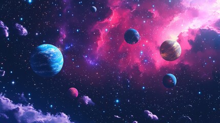2D illustration of an expansive space scene featuring vibrant stars planets and moons showcasing creative sci fi backdrops and alien solar systems in a realistic deep cosmos setting