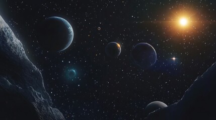 2D illustration of expansive space featuring bright stars planets and moons A collection of imaginative sci fi backdrops showcasing alien solar systems and a realistic cosmic environment
