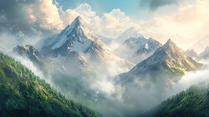 2D illustration of majestic mountains Digital artwork created through handmade techniques