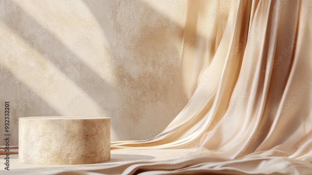 Poster 3d abstract backdrop featuring a beige stone podium and pillar with a metallic gold frame and flowin