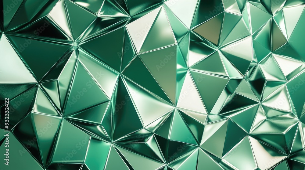 Poster 3d abstract rendering of a triangular pattern featuring green metallic prisms in a low poly design b