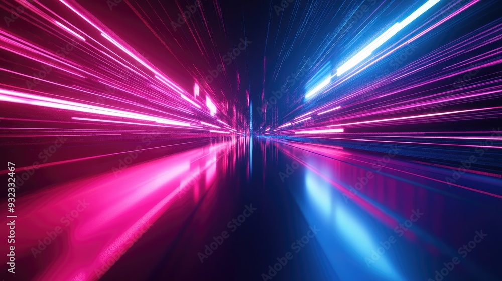 Poster 3d abstract technology background featuring glowing neon lights and fast moving lines creating a fut