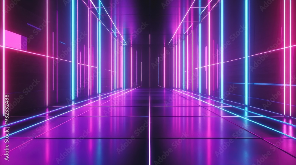 Poster 3d abstract technology design featuring glowing neon lights a sleek empty space scene with reflectiv
