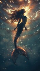 Naklejka premium A mesmerizing mermaid swims elegantly in the ocean, illuminated by sunlight filtering through the surface