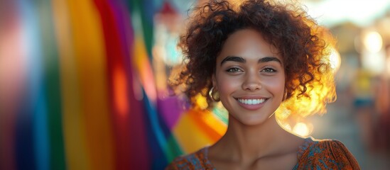A portrait of a smiling woman with a colorful rainbow pride flag capturing her uniqueness and individuality while celebrating LGBTQ inclusion and DEI in her community