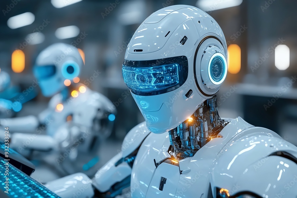 Poster futuristic robot in a high-tech environment, showcasing advanced technology and artificial intellige