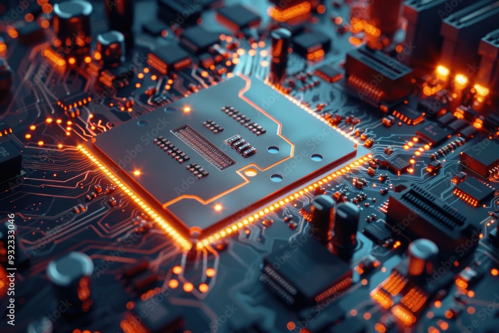 Poster Close-up view of a computer circuit board showing electronic components and wires