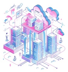 A flat illustration of an isometric graphic featuring icons representing various industrial technological products  microchips, 