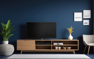 Modern interior of living room with tv on the cabinet on dark blue wall background