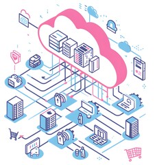A flat illustration of an isometric graphic featuring icons representing various industrial technological products  microchips, 