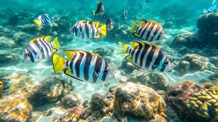 Fototapeta premium Vibrant School of Colorful Fish Swimming in Clear Tropical Ocean Waters