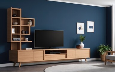 Modern interior of living room with tv on the cabinet on dark blue wall background