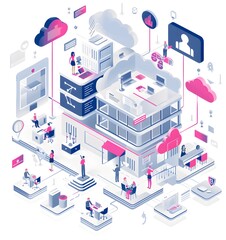 A flat illustration of an isometric graphic featuring icons representing various industrial technological products  microchips, 