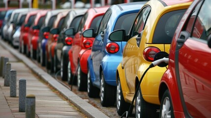 Fototapeta premium A row of colorful cars at a fueling station, showcasing various models and colors.