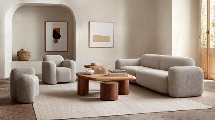 This minimalist living room with light gray walls features a large gray sofa and a wooden coffee table, illuminated by natural light for a tranquil atmosphere
