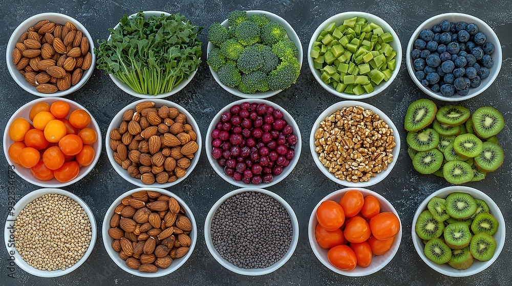 Canvas Prints   A table displays various fruits, veggies, kiwis, and broccoli in bowls