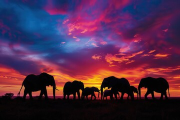 Fototapeta premium Elephants are silhouetted against a stunning sunset, creating a striking contrast with vivid colors in the sky. Generative AI