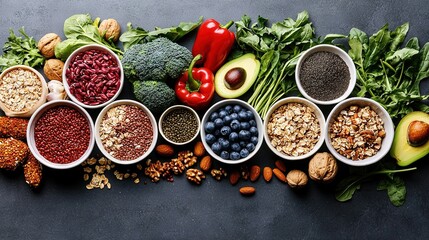   A variety of fruits, vegetables, and grains arranged in a row on a dark surface include broccoli, blueberries, avocados, almonds, and spinach