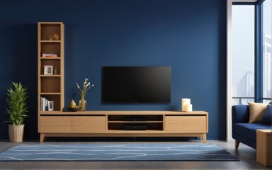 Modern interior of living room with tv on the cabinet on dark blue wall background