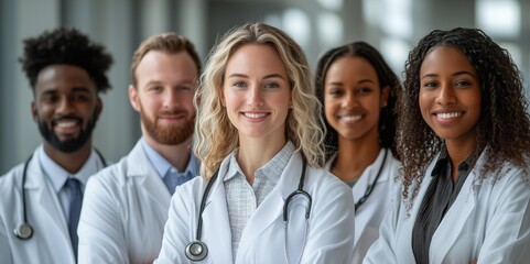 Fototapeta premium A group of diverse medical professionals smiling in a modern hospital, emphasizing teamwork, diversity and collaboration in a vibrant healthcare environment through DEI hiring of multicultural doctors