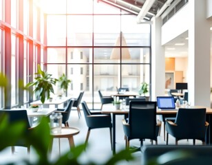Fototapeta premium bright open space with large windows and stylish decor, bokeh background create with ai