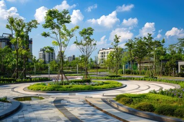 Obraz premium A serene circular park surrounded by lush greenery and vibrant flora, perfect for outdoor photography or illustration