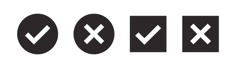 Black and White True and Wrong Icon Set - Monochrome Check Mark and Cross Symbol for Correct and Incorrect Indications, Minimalist UI Design, and Decision-Making