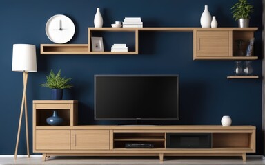 Modern interior of living room with tv on the cabinet on dark blue wall background