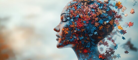 A head constructed from puzzle pieces representing the complexity of the human mind and the fragility of thoughts and emotions when dealing with mental health and depression