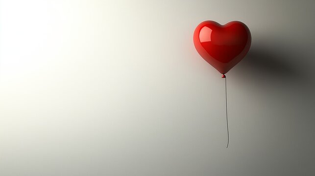 A single helium balloon in the shape of a romantic red heart for valentine's day floats against a blank background, representing themes of love, hope, and simplicity in a serene and peaceful manner