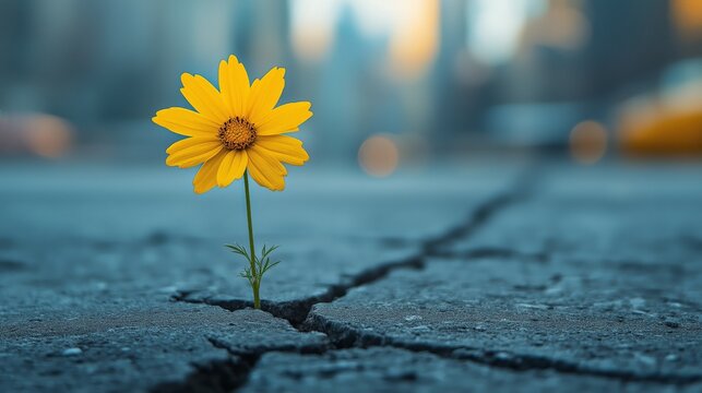 A resilient yellow flower grows through a cracked urban pavement, symbolizing hope and strength in overcoming adversity in a challenging environment