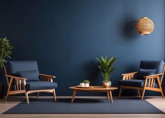 Stylish Modern wooden living room has an armchair on empty dark blue wall background