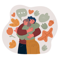 Cartoon vector illustration of The two women are attending a group therapy session. Showing support and kindness. Embracing women during therapy session in support group