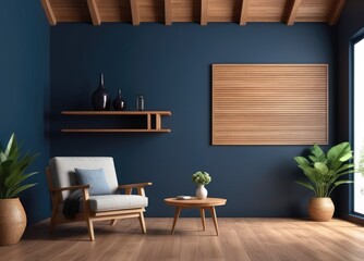 Stylish Modern wooden living room has an armchair on empty dark blue wall background