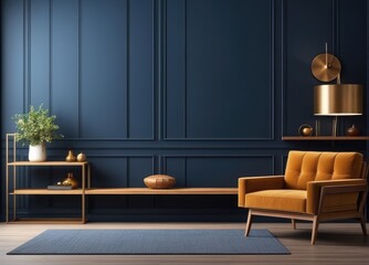 Stylish Modern wooden living room has an armchair on empty dark blue wall background