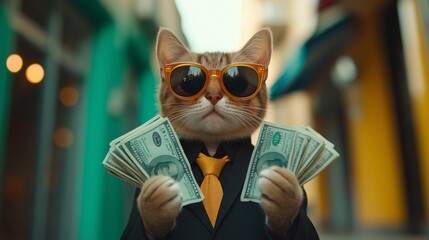 A cat wearing sunglasses and holding money, symbolizing wealth, success, and humorous luxury capturing a playful take on financial abundance and materialism
