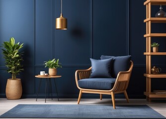 Stylish Modern wooden living room has an armchair on empty dark blue wall background