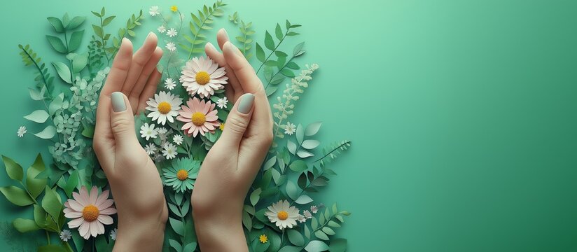 Hands gently cradling daisies and foliage, symbolizing care, nature, and the nurturing essence of growth and protection in a serene, green environment