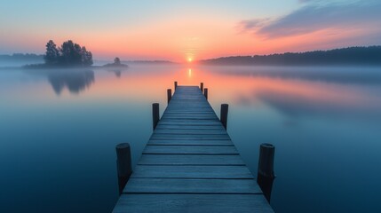 Obraz premium A serene wooden pier extending into a misty lake during sunrise, symbolizing tranquility, reflection, and the journey of life with mindfulness through spirituality on a peaceful morning in nature