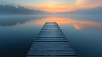 Obraz premium A serene wooden pier extending into a misty lake during sunrise, symbolizing tranquility, reflection, and the journey of life with mindfulness through spirituality on a peaceful morning in nature